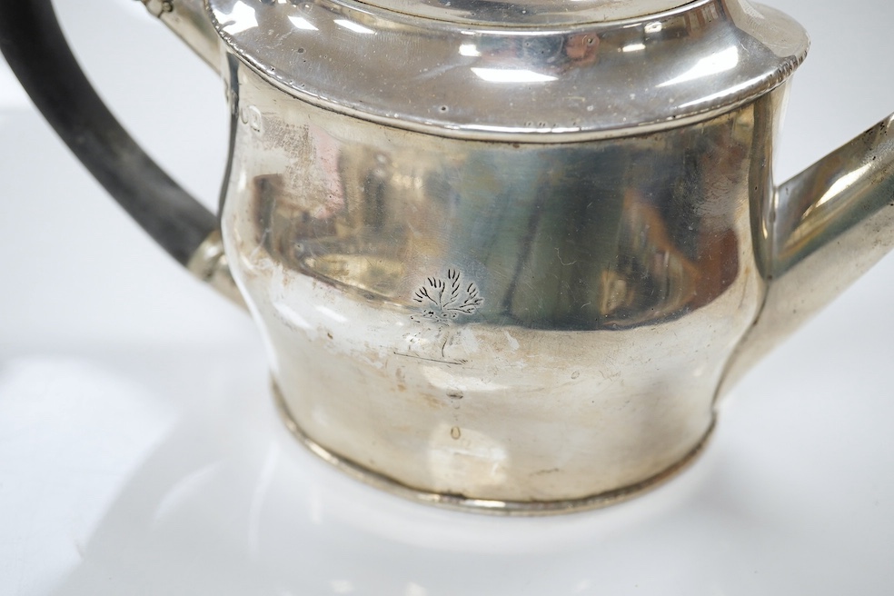 A late Victorian three piece silver teaset of oval form, London 1896, gross 21oz. Good condition.